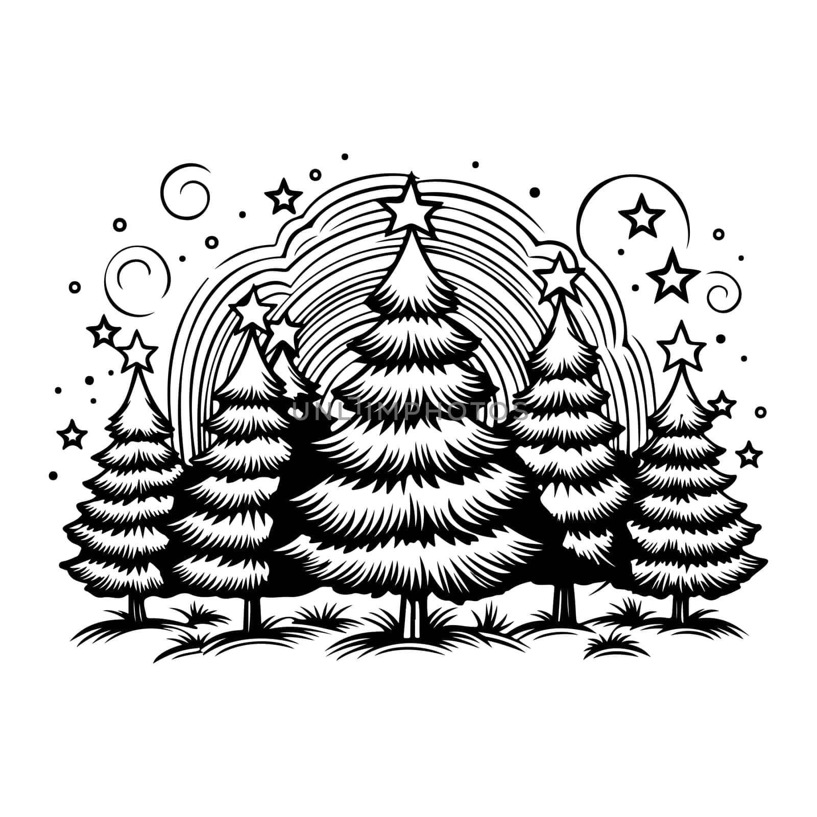 Christmas tree with snow and gifts. Christmas coloring page.