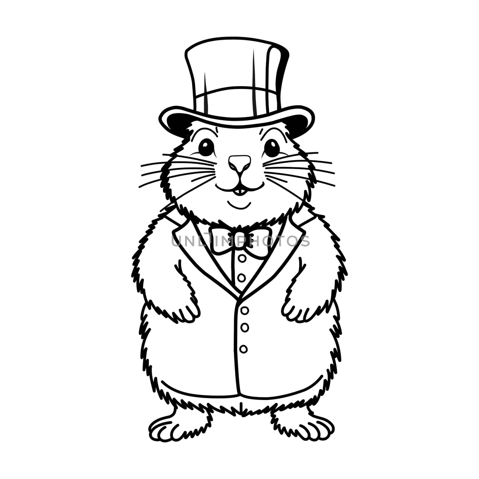 Groundhog Day February 2nd. Cute baby animal beaver. Coloring book Groundhog Day in a top hat and frock coat. Meteorologist.