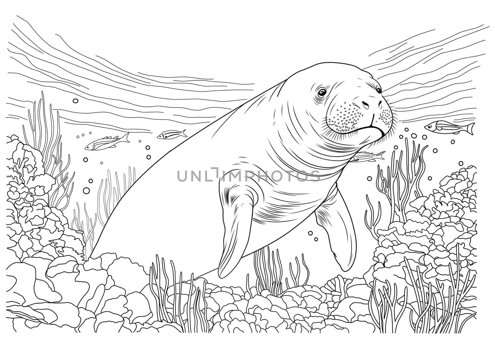 Seal coloring book, sea cow. Coral reef coloring book