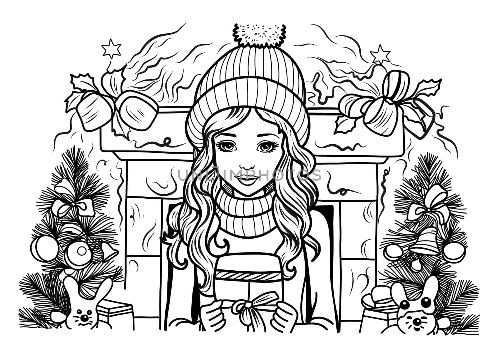 Girl in a winter hat near the fireplace with a gift. Christmas coloring book