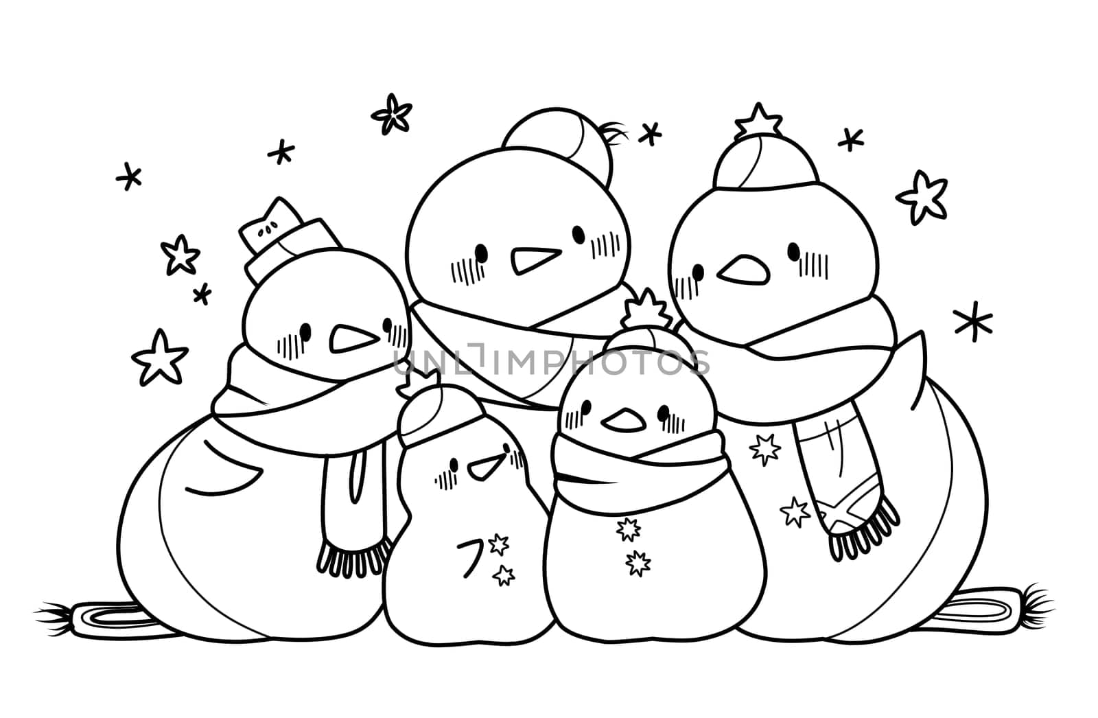 Cute funny family of snowmen. Coloring page for children.Merry Christmas coloring book