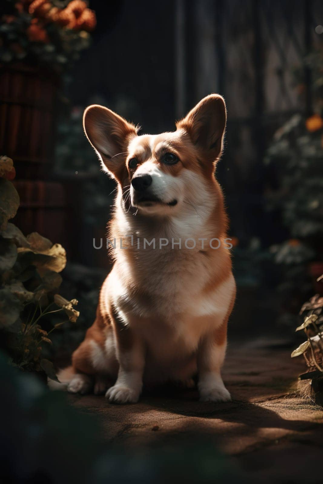 Corgi sitting in English garden