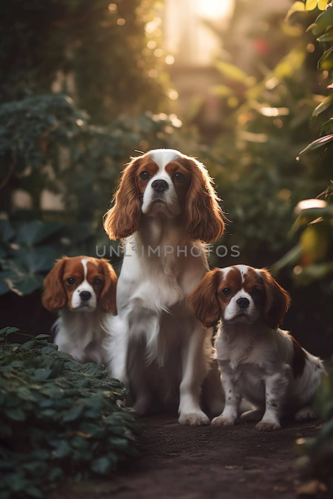 Cavalier King Charles Spaniel with puppies in garden