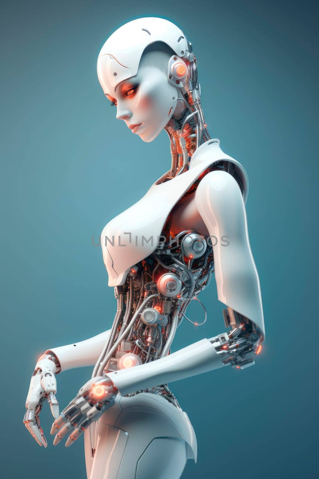 Beautiful slim girl robot humanoid. The concept of artificial intelligence, technological progress. Cyborg woman. Female android. Scientific progress.AI generated.
