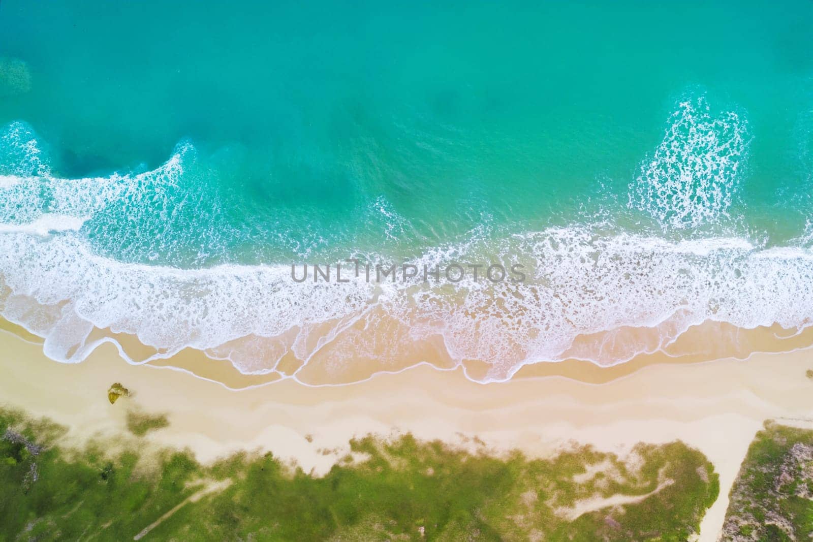 Aerial view of sandy beach and ocean with waves