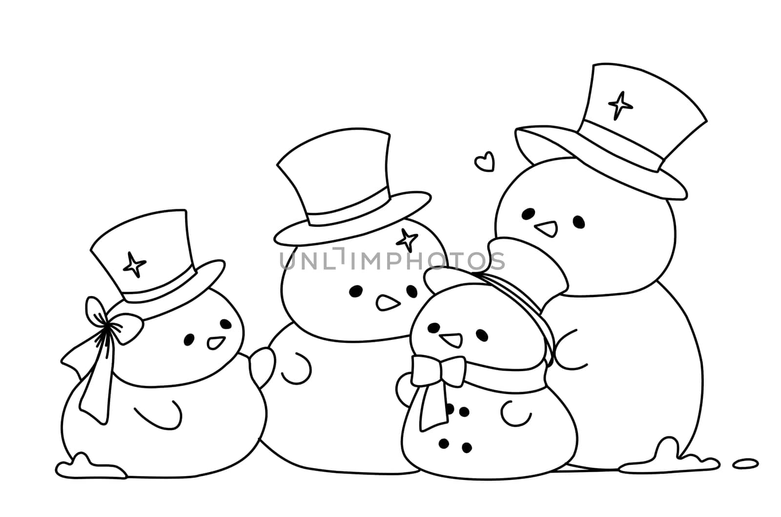 Cute funny family of snowmen. Coloring page for children.Merry Christmas coloring book