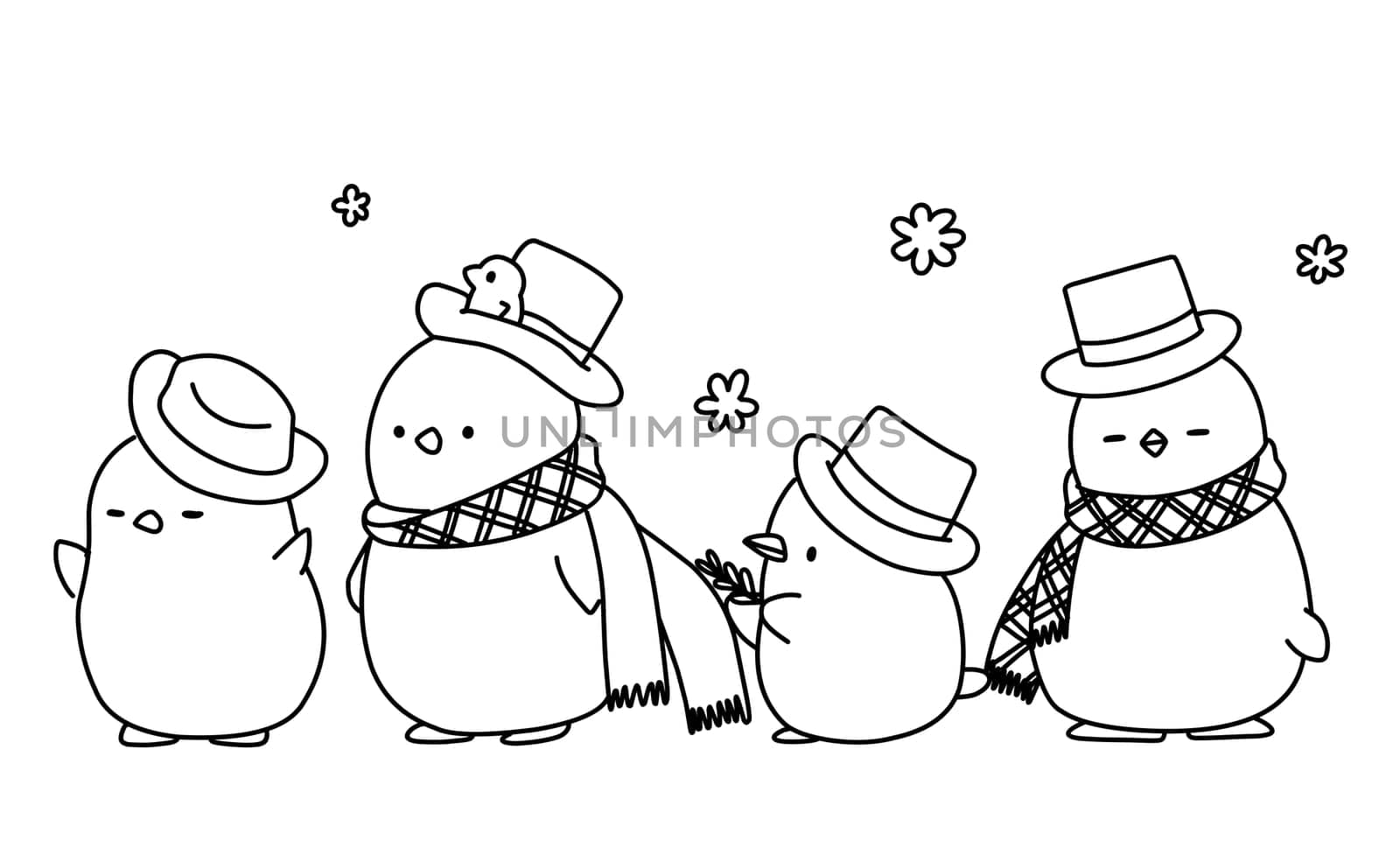 Cute funny family of snowmen. Coloring page for children.Merry Christmas coloring book