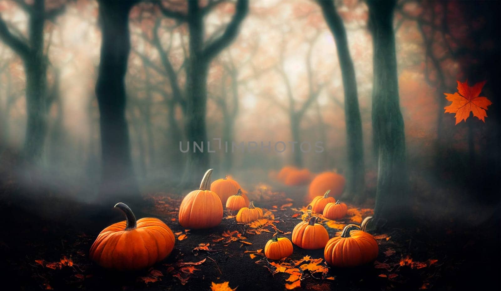 Thanksgiving and halloween pumpkins in autumn forest. Fall season landscape with bare trees, maple leaves and path with pumpkin crop. Festive holiday greeting card wallpaper. Dark magic wood october scene.