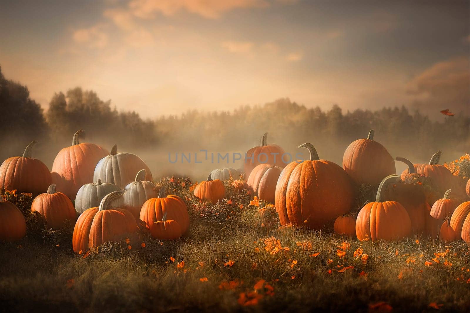 Idyllic autumn scene with field of pumpkins in grass on sunny sky. Thanksgiving and halloween holiday greeting card background. Season festive scenery with harvest crop on countryside farm wallpaper