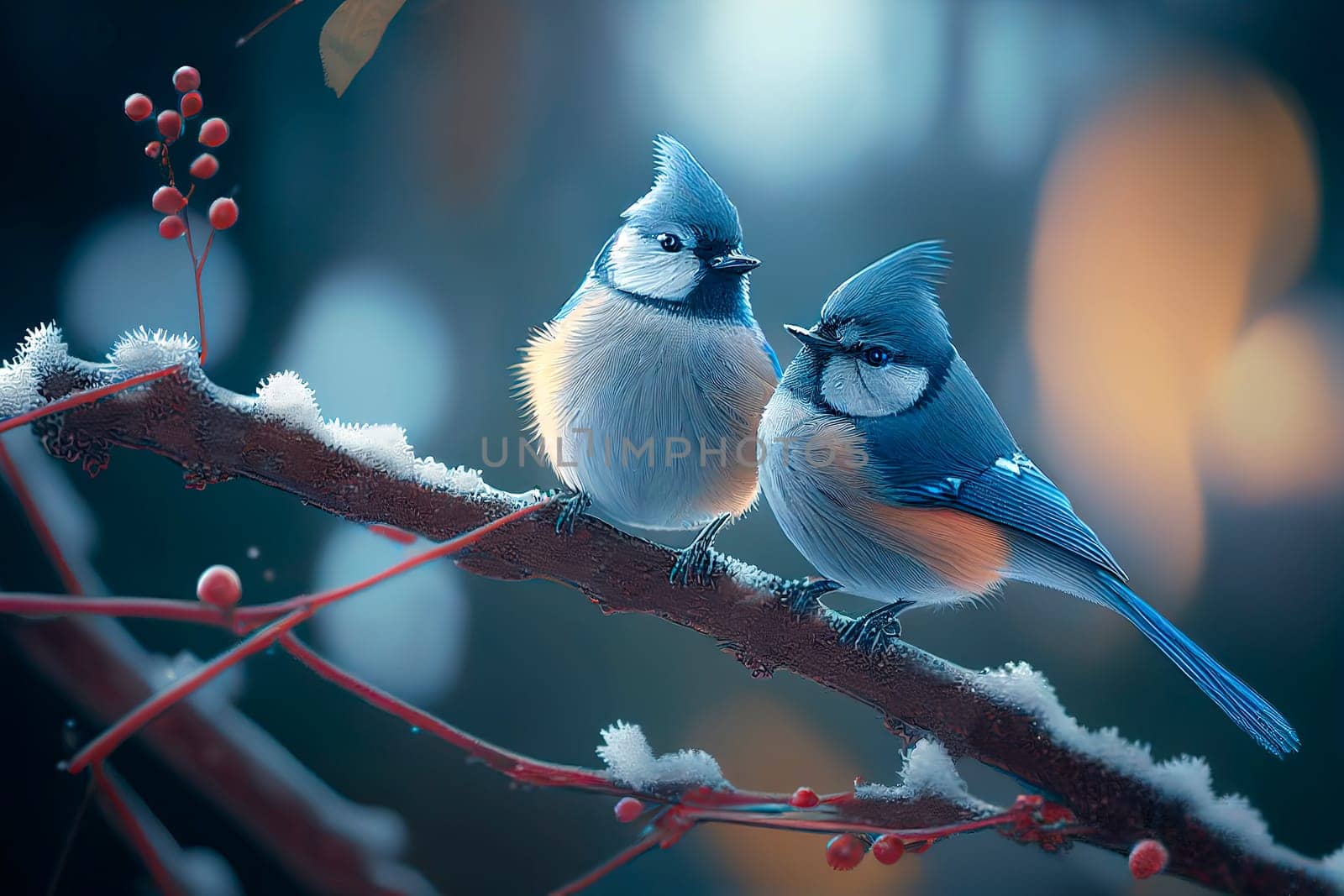 Two Little blue titmouse birds on branch covered with snow. Christmas, New year eve and winter holiday scene. Xmas greeting card background.