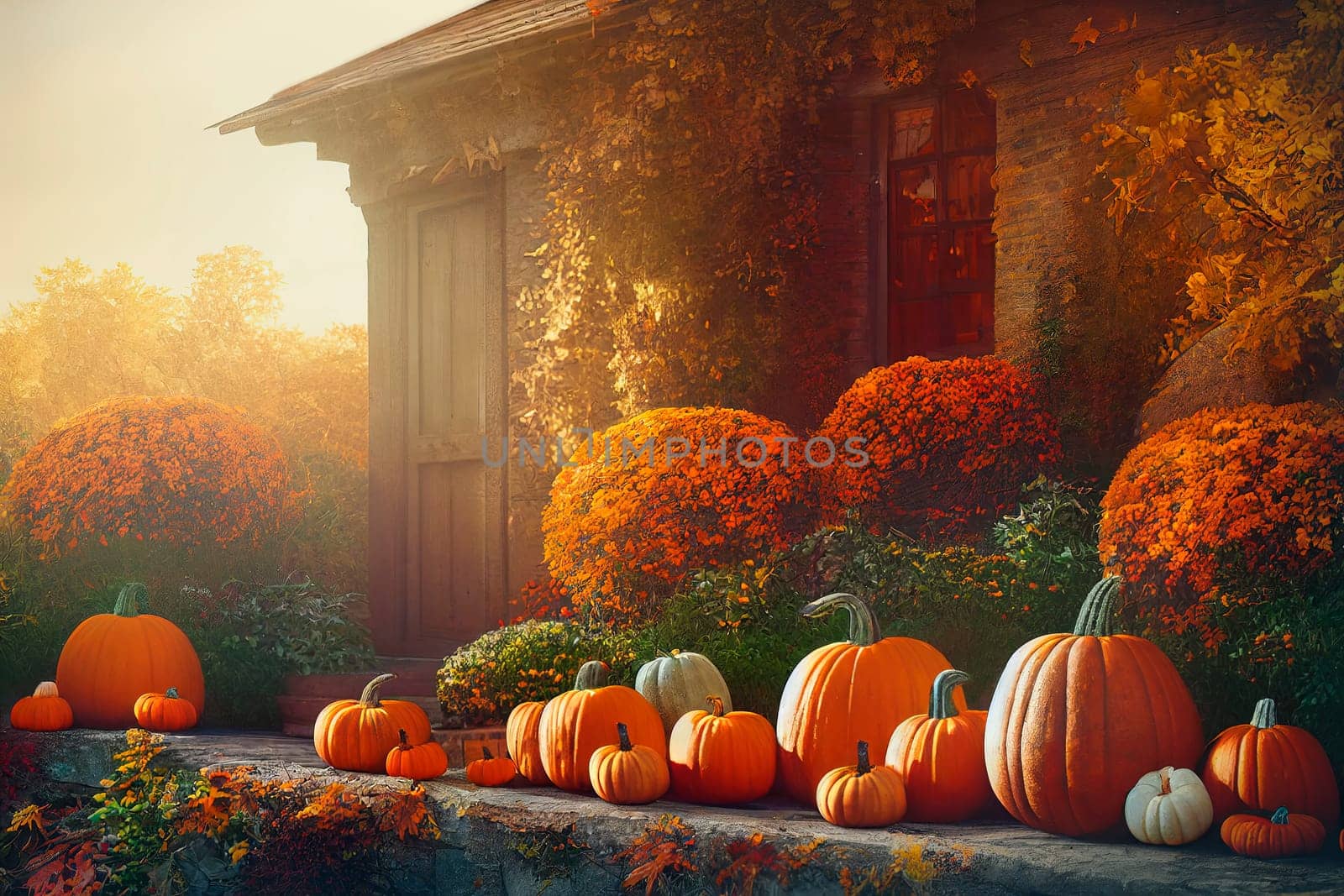 Autumn pumpkins decoration in home garden. Traditional thanksgiving and halloween holiday celebration decor. Fall scenery greeting card design background.