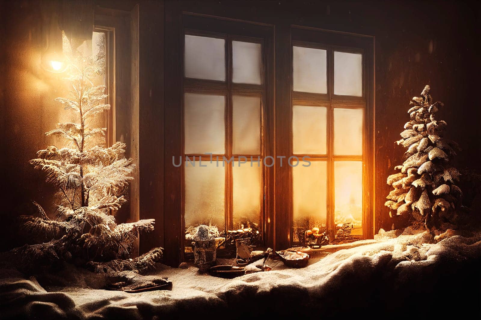 Rustic window covered with snow at christmas night. Idyllic xmas and new year vintage background. Winter holiday scene view trough frozen home window.