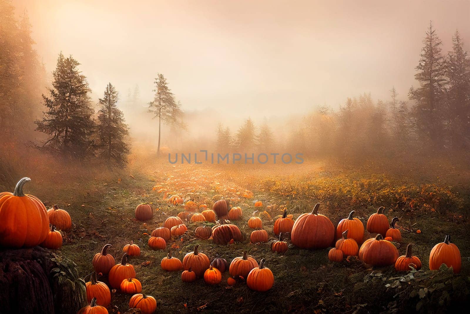 Thanksgiving and halloween pumpkins in autumn forest. Fall season landscape with pumpkin field. Festive holiday greeting card wallpaper. Dark magic wood november scene.