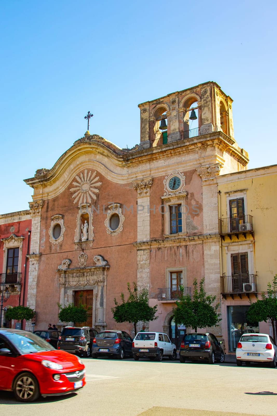 MILAZZO, SICILY, Italy - 03 October 2023.. The church of the Carmine located in Piazza Caio Duilio in the historic centre of the city of Milazzo.