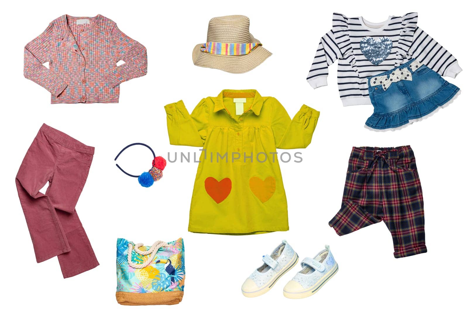 Collage set of little girl summer clothes isolated on white. Kids apparel collection. Childs fashion clothing outfit. Jeans skirt, shorts, shirt, dresses, pants, bag, shoes.