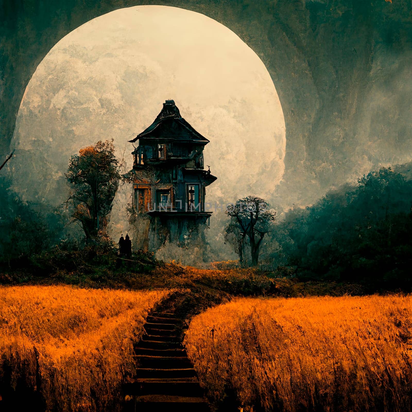 Halloween night scene with haunted house and full moon. Horror old mansion on abandoned estate.