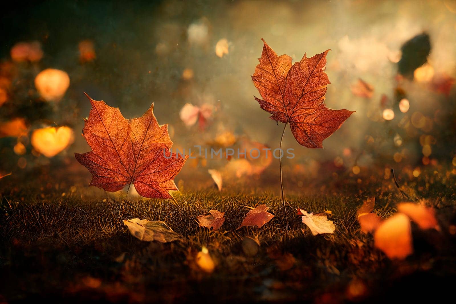 Closeup of falling autumn leaves in park. Fall landscape scene with yellow maple leaves background. Thanksgiving and seasonal nature concept.