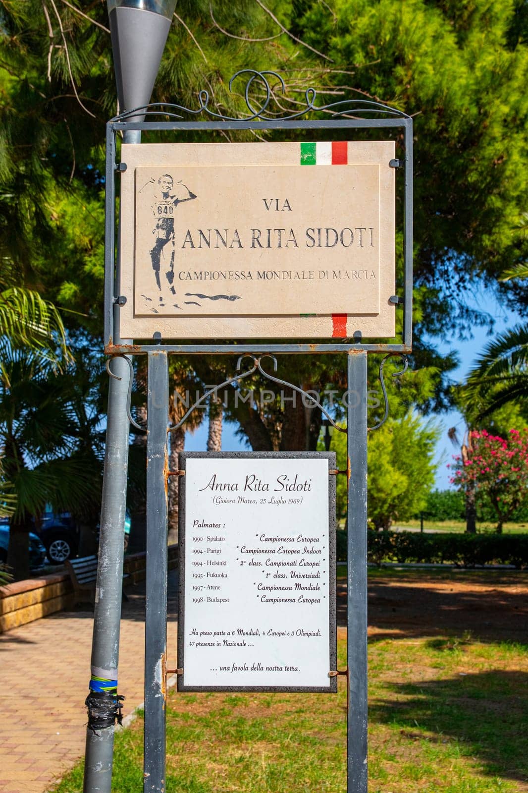 Gioiosa Marea, SICILY, Italy - 02 October 2023. In memory of Anna Rita Sidoti, an Italian track and field athlete in the discipline of walking, a street was named after her.