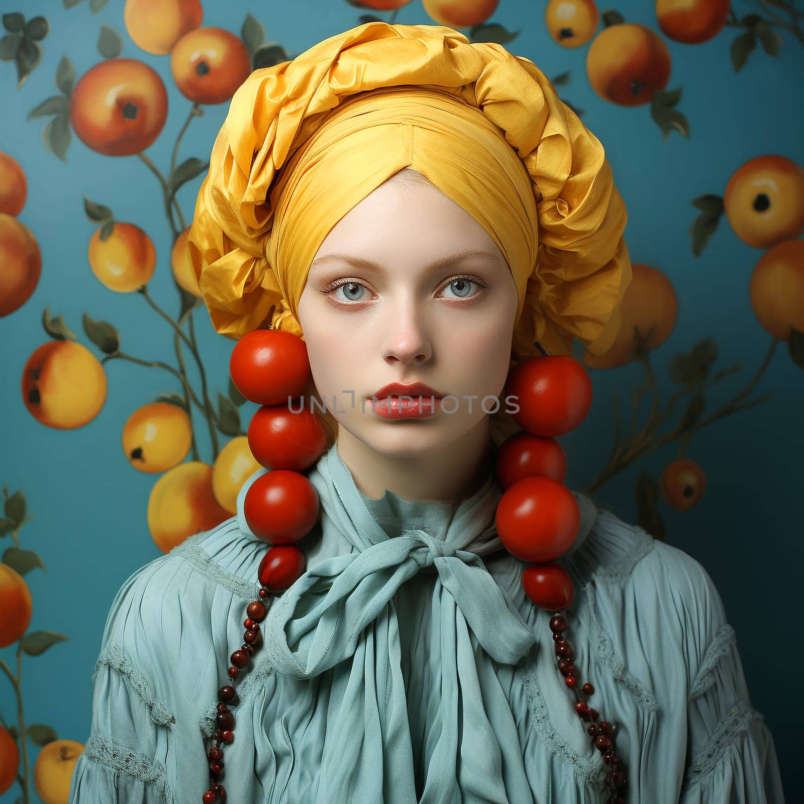 Portrait of a woman with fruit hanging from ears, red apples, healthy eating, harvest and fashion