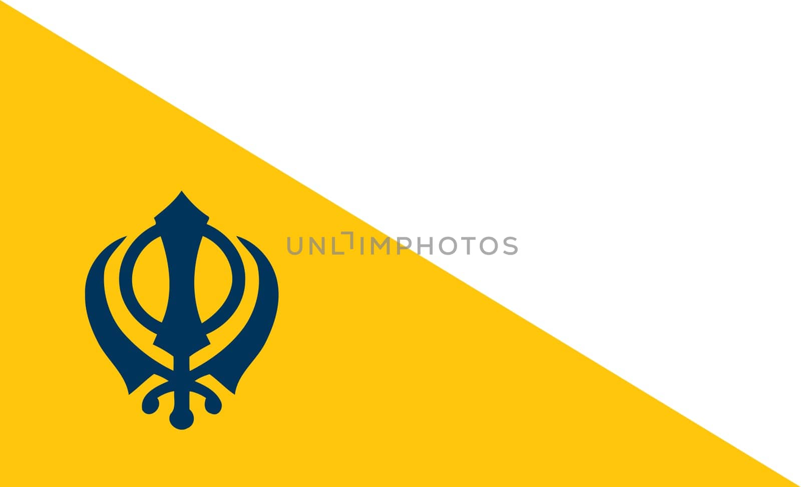 orange flag with symbol of the Sikh religion called KHANDA formed by two scimitars and men with turbans