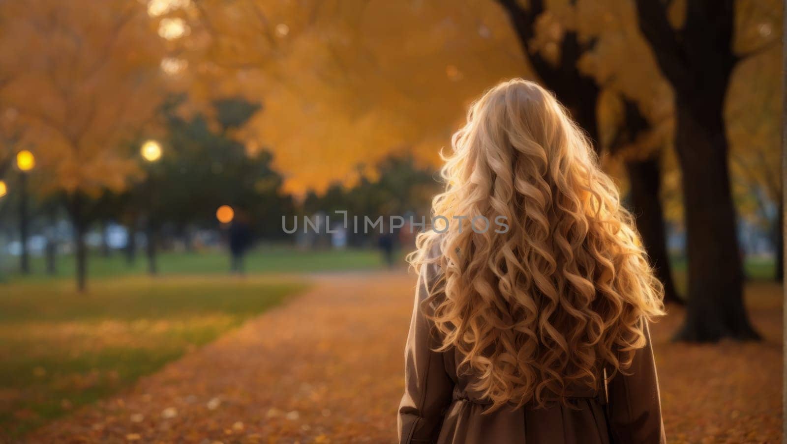 Fall scene with the silhouette of a female with long curly blonde hair shining against the daylight on a park with yellow leaves on a defocused background with copy space.