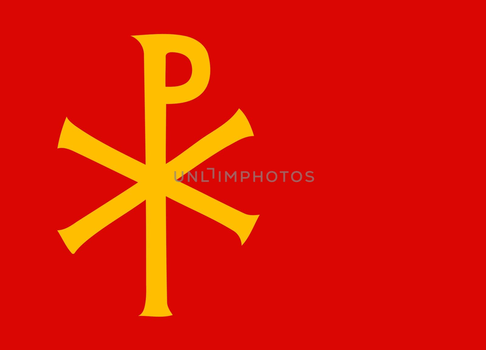 The religious flag of the Greek Orthodox Church on a metal chrome flagpole on a yacht on a cloudy summer day. The flag is yellow with a black pattern made of synthetic material.