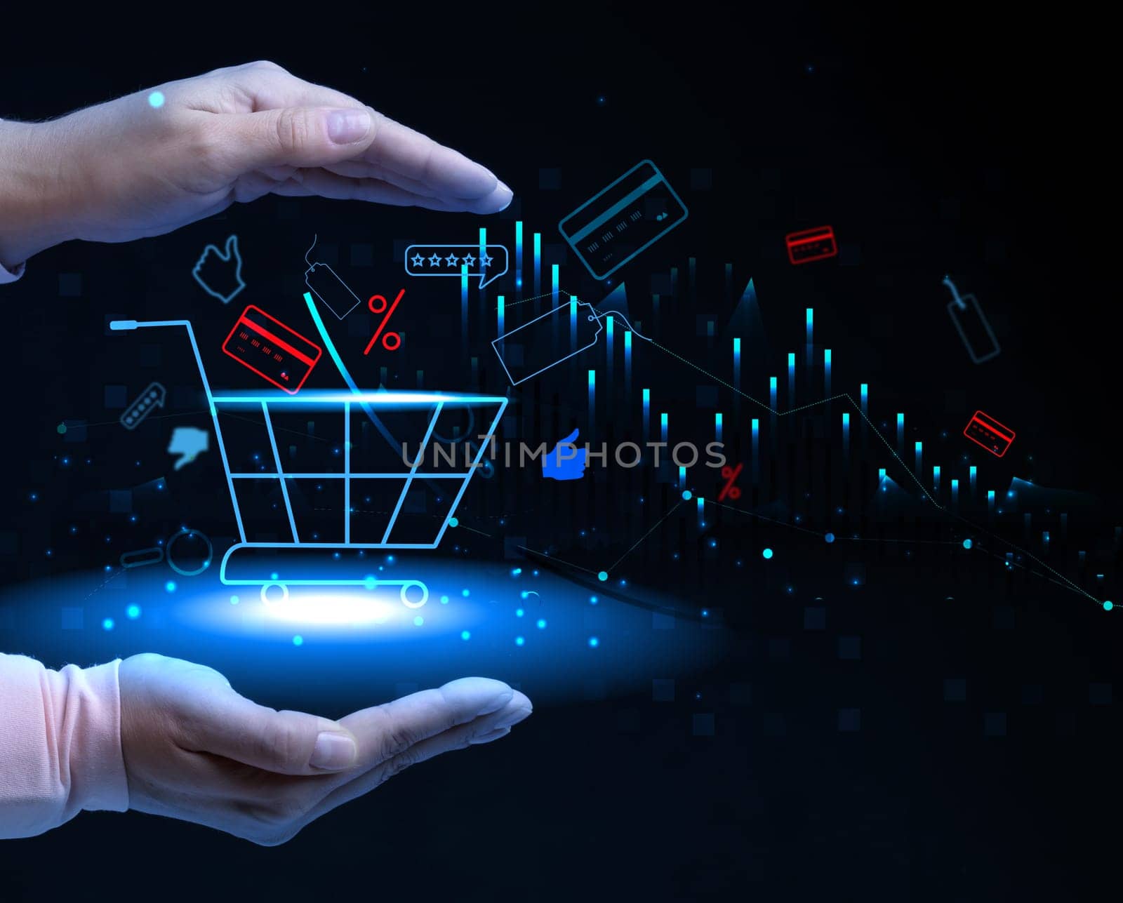 A female hand and a shopping cart icon, concept of starting a sale, online shopping, increasing business profits during seasonal discounts.