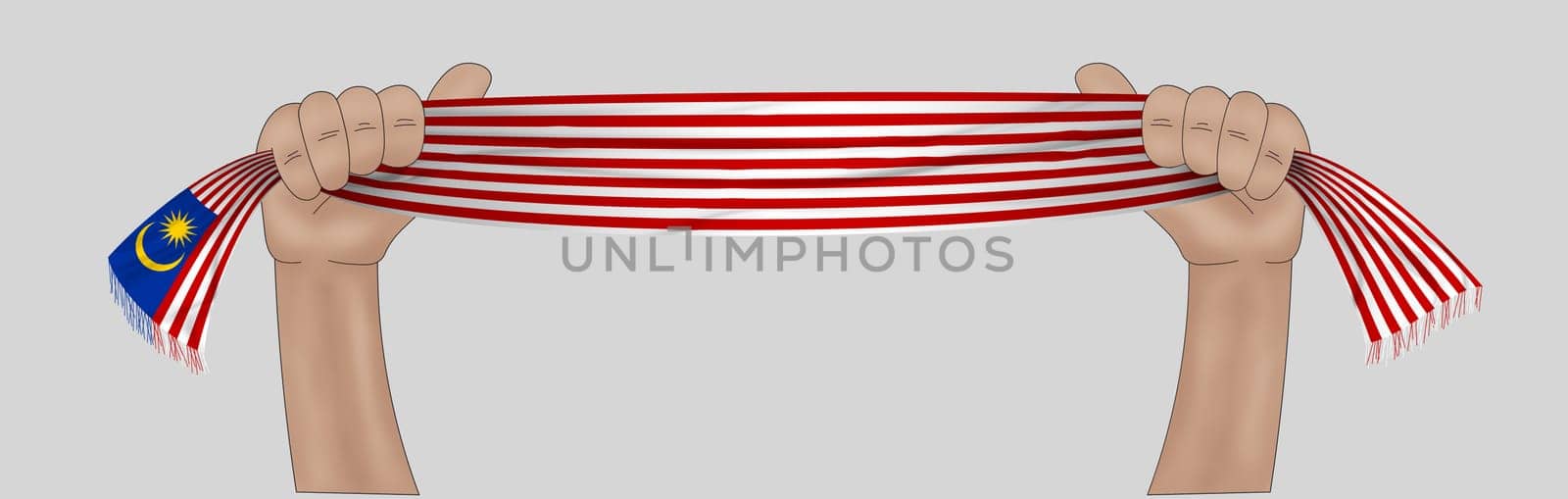 3D illustration. Hand holding flag of Malaysia on a fabric ribbon background.