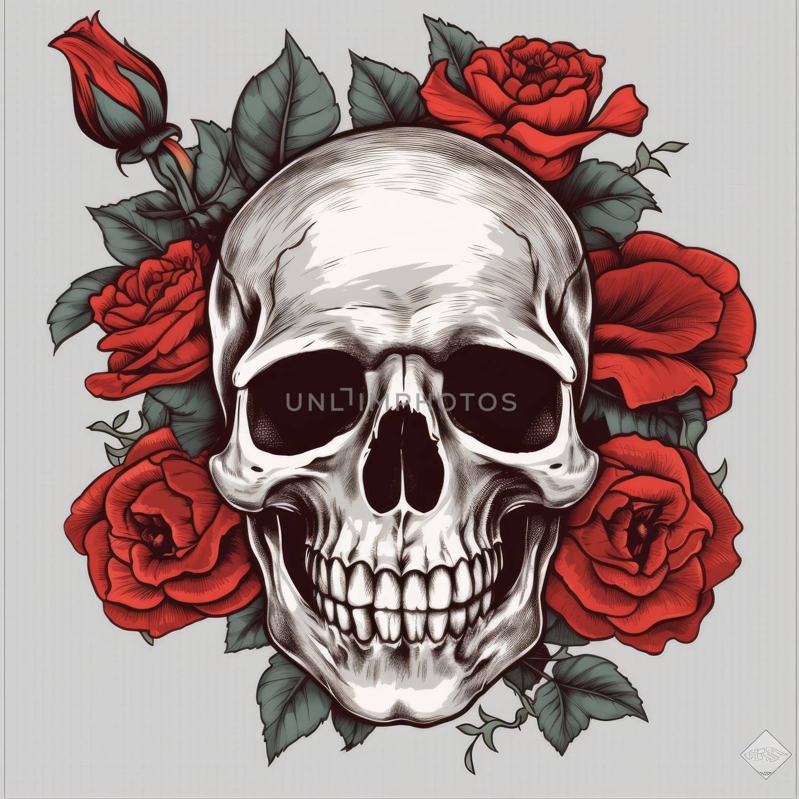 colorful sugar skull decorated with intricate floral patterns on a light background. Generative AI