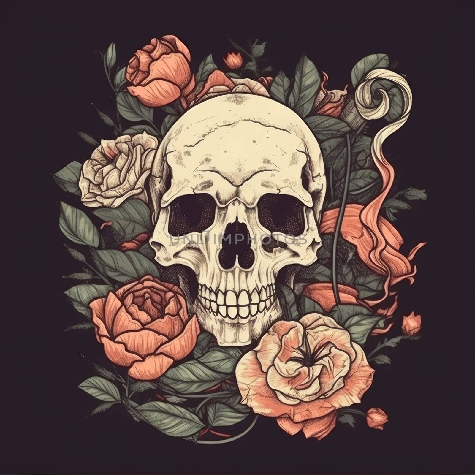 colorful sugar skull decorated with intricate floral patterns on a dark background. Generative AI