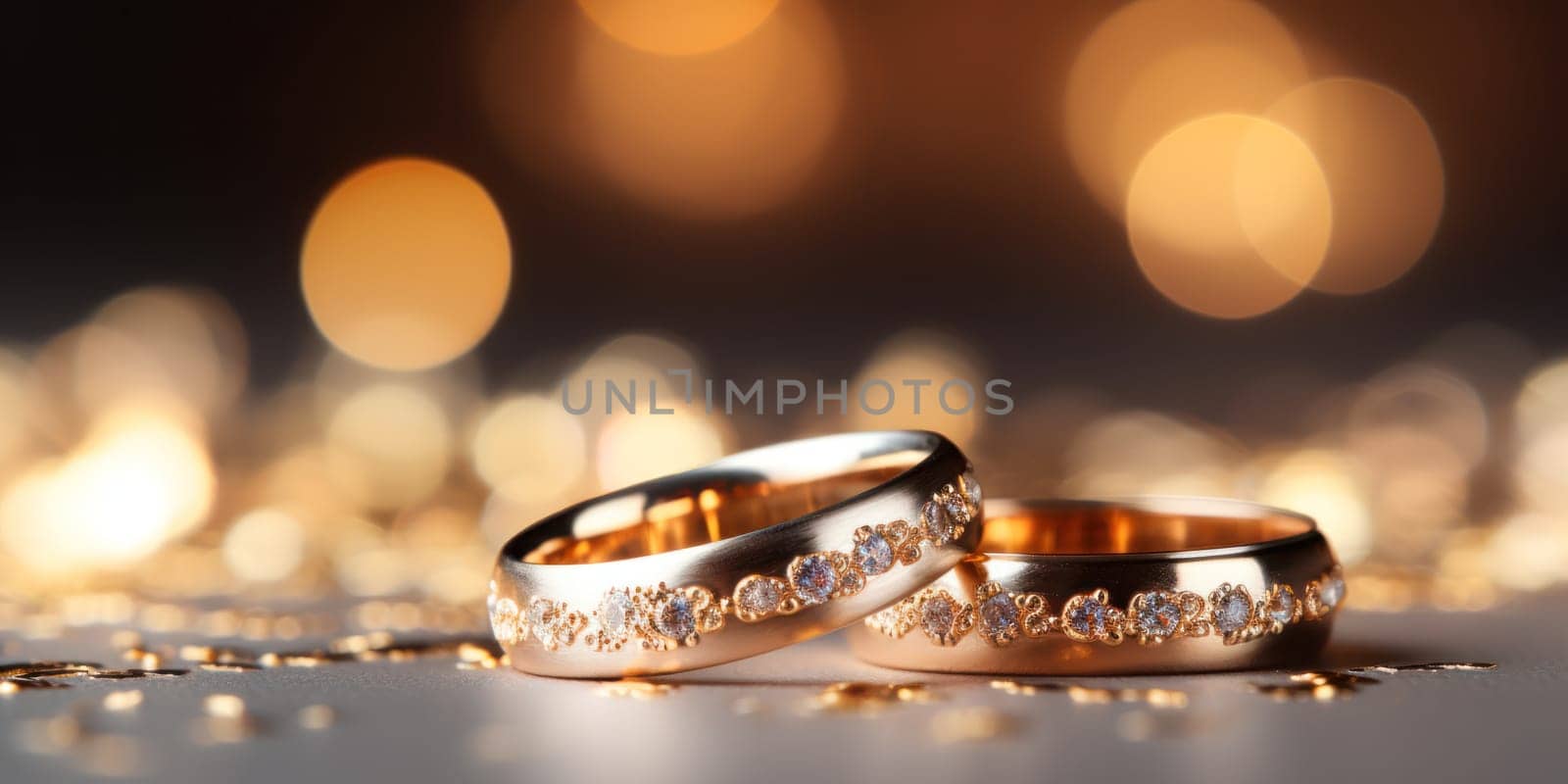 Golden wedding rings close-up lie on top of each other on a blurred background of festive illumination.Generative AI