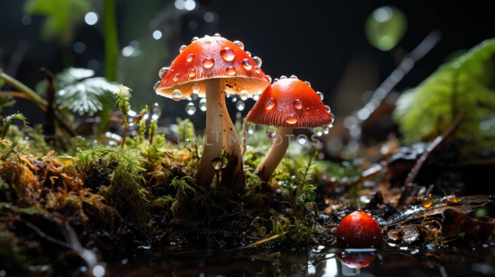 beautiful fly agaric mushrooms with drops of water after rain in a forest clearing. poisonous fly agaric mushrooms growing in the forest.Generative AI