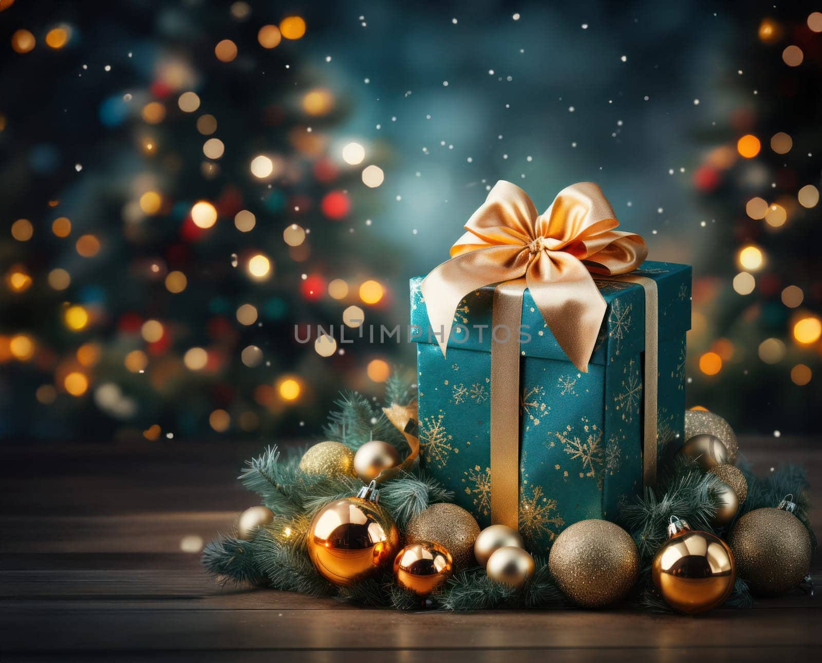 Christmas background with gifts and Christmas tree decorations on the background of a Christmas tree.Holiday and Christmas concept.Generative AI