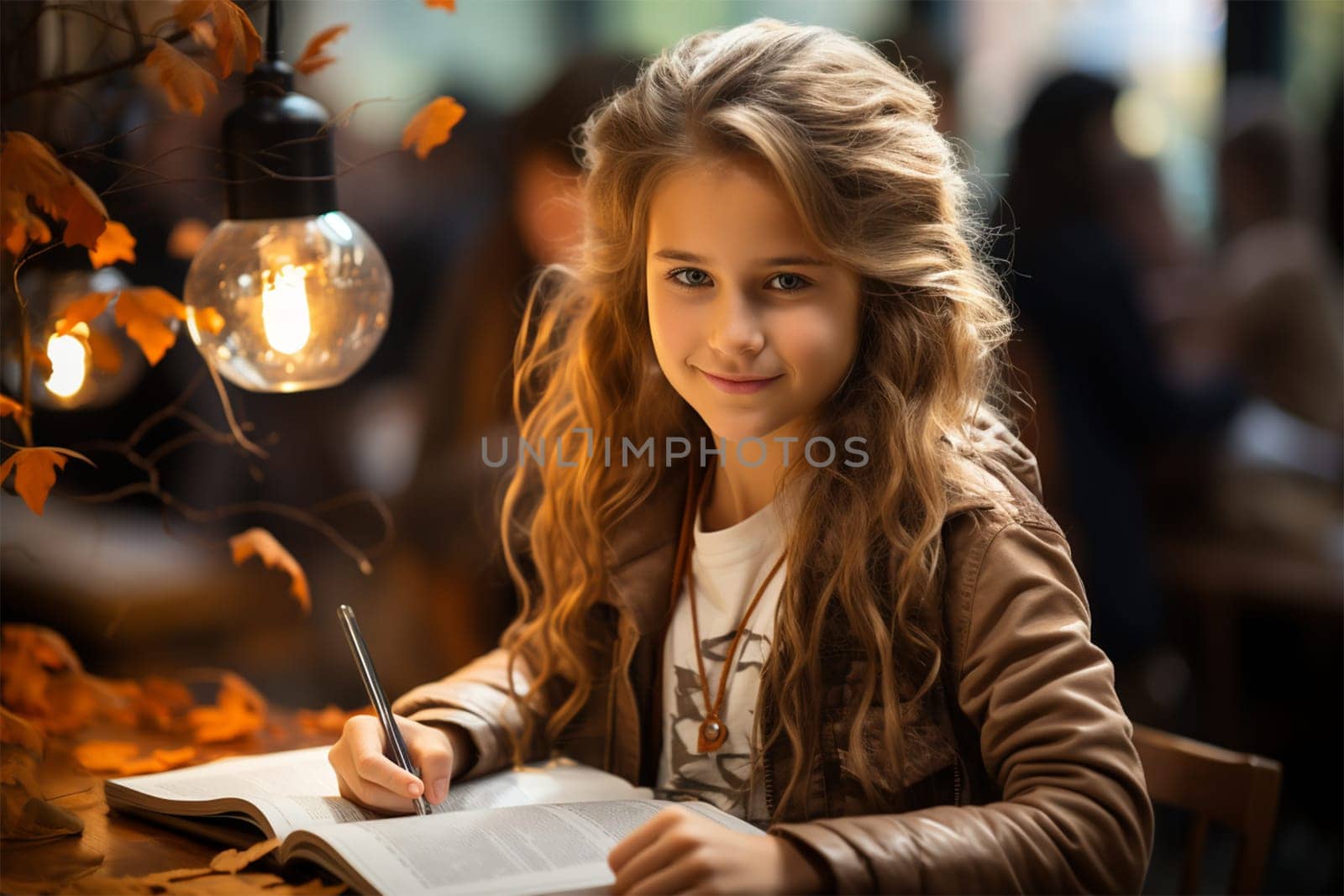 Cute schoolgirl with long wavy hair with a book and pen at a table in an autumn cafe.