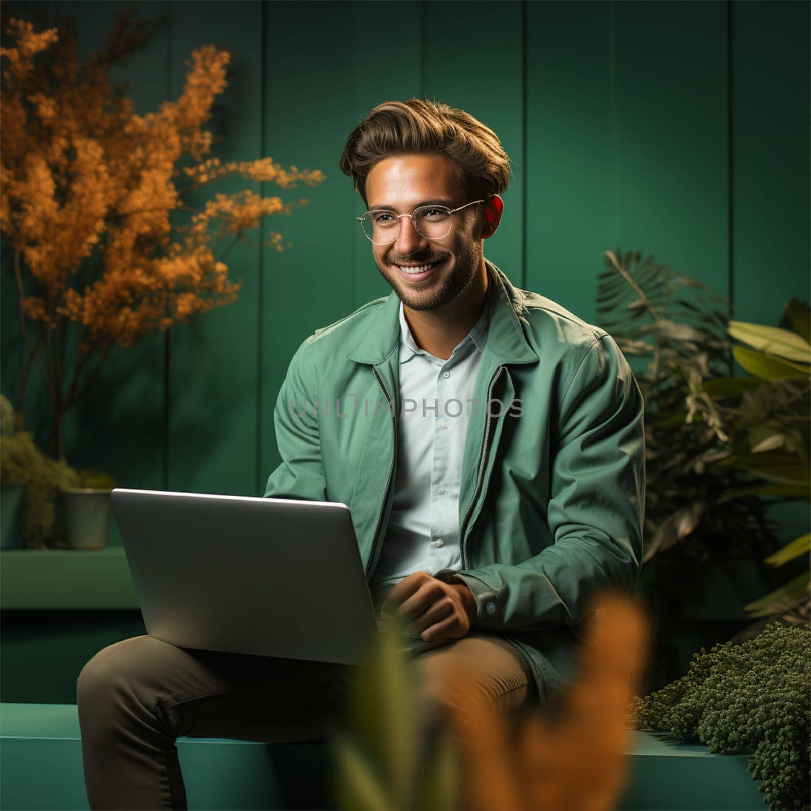 a young man in a green jacket with a laptop against the backdrop of a bright cafe interior or coworking space. Generative AI