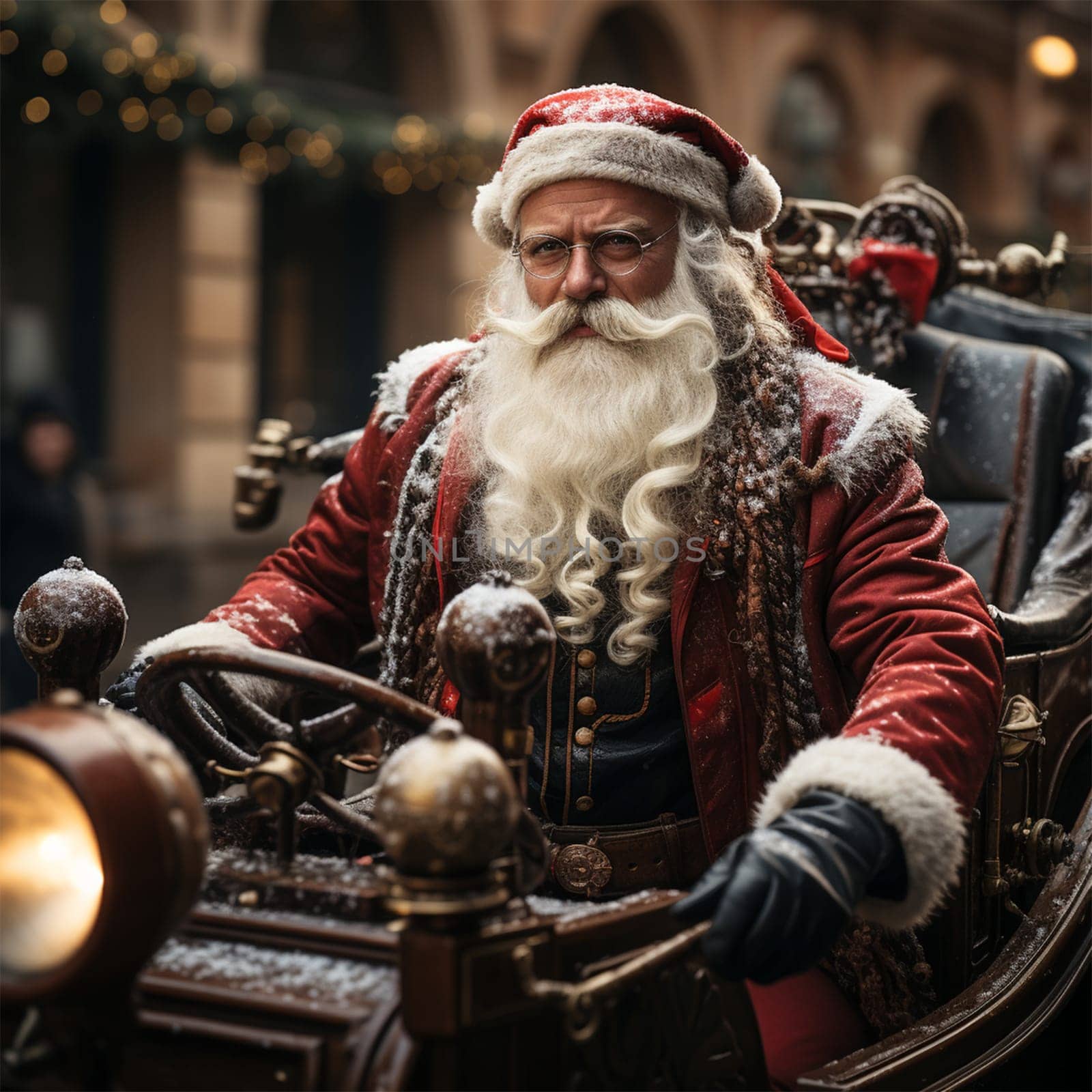 Santa Claus in a stylized retro car with embroidery and with ethnic elements on clothes. Generative AI