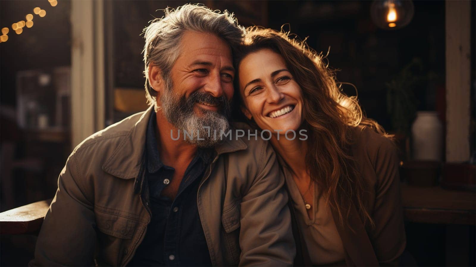 Joyful middle-aged couple, man and woman, on the veranda in the garden.Generative AI