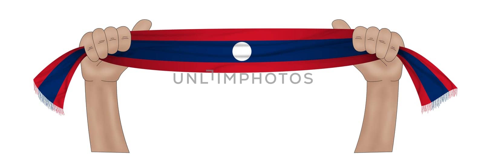 3D illustration. Hand holding flag of Laos on a fabric ribbon background.