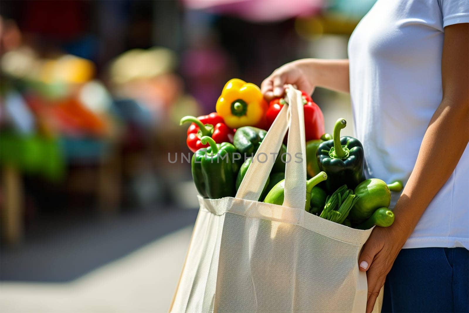 Young woman holding textile glocery eco bag with fruits and vegetables. Generative AI
