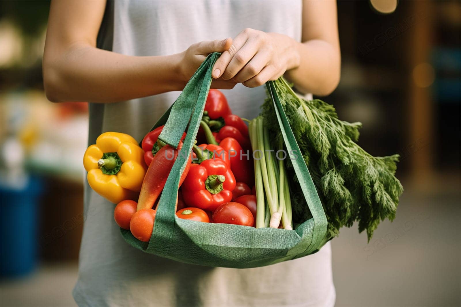 Young woman holding textile glocery eco bag with fruits and vegetables. Generative AI