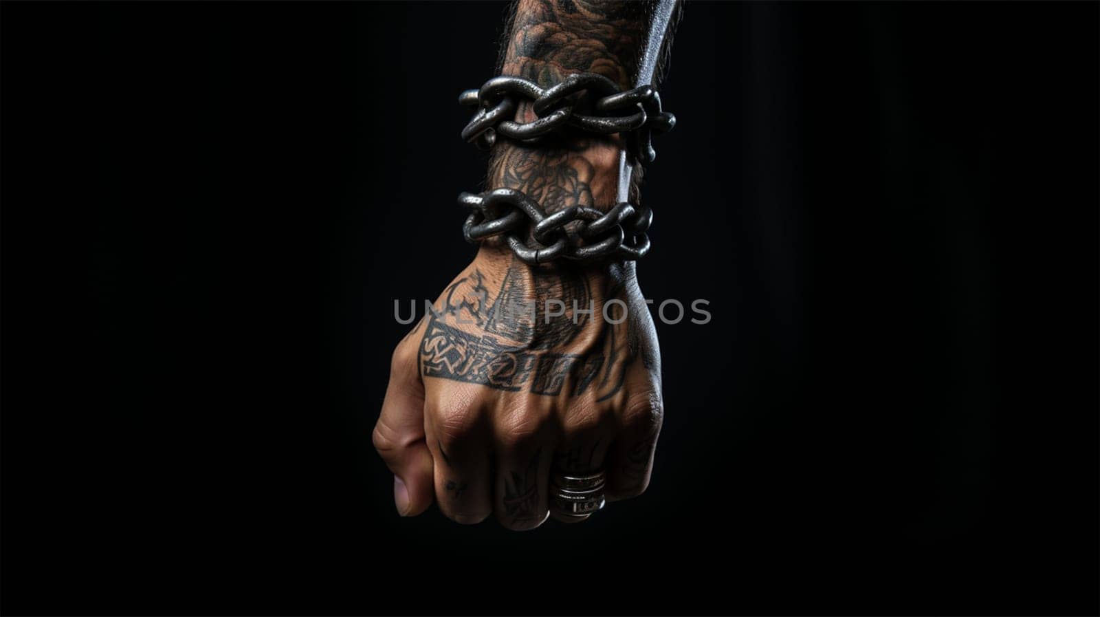 a man's hand in chains. A fist as a symbol of resistance to the deprivation of rights and freedoms. Anti-slavery and illegal imprisonment concept.Generative AI