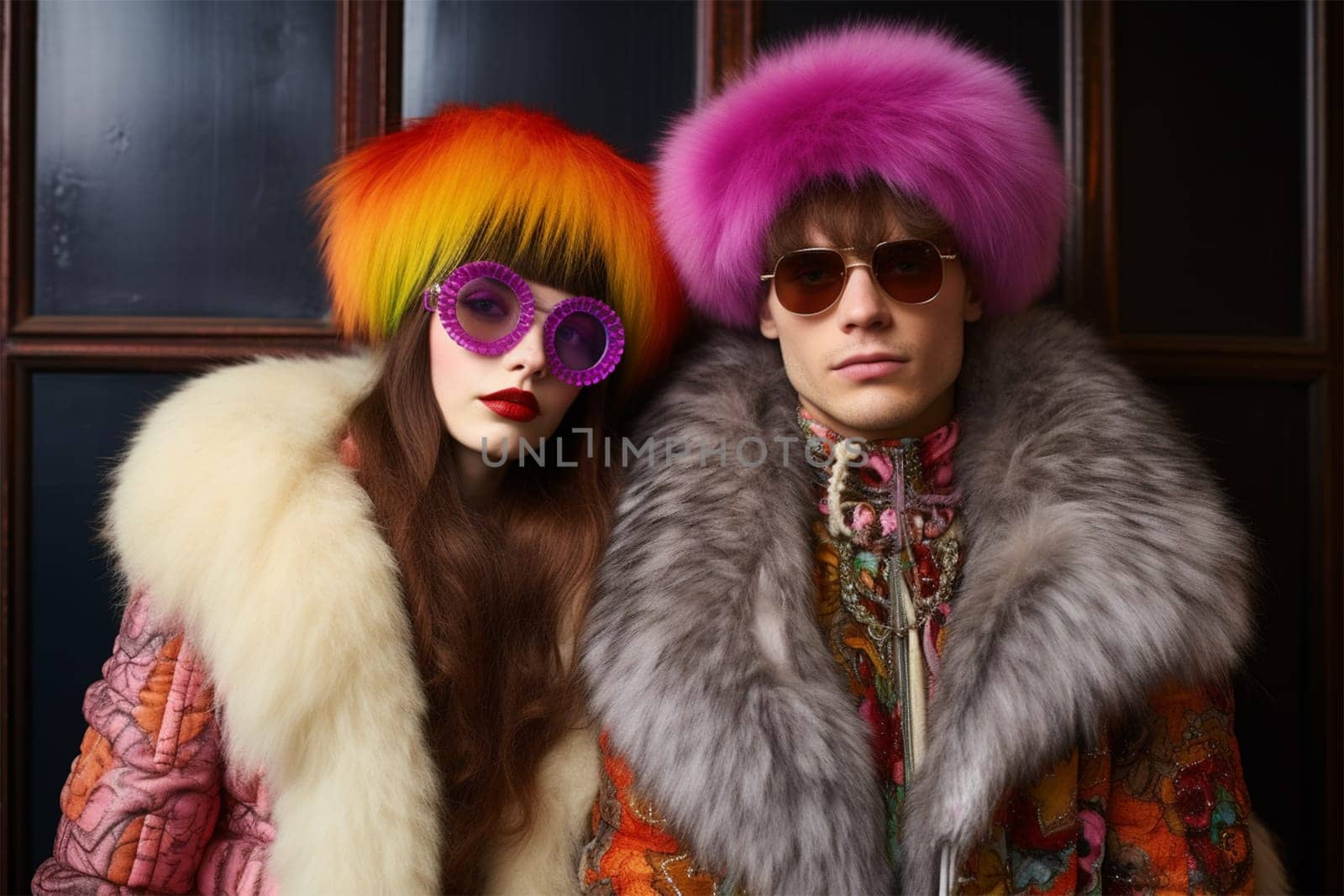 Glam rock style. Portrait of a glamorous attractive couple in fashionable bright clothes and glasses against a studio background.Generative AI