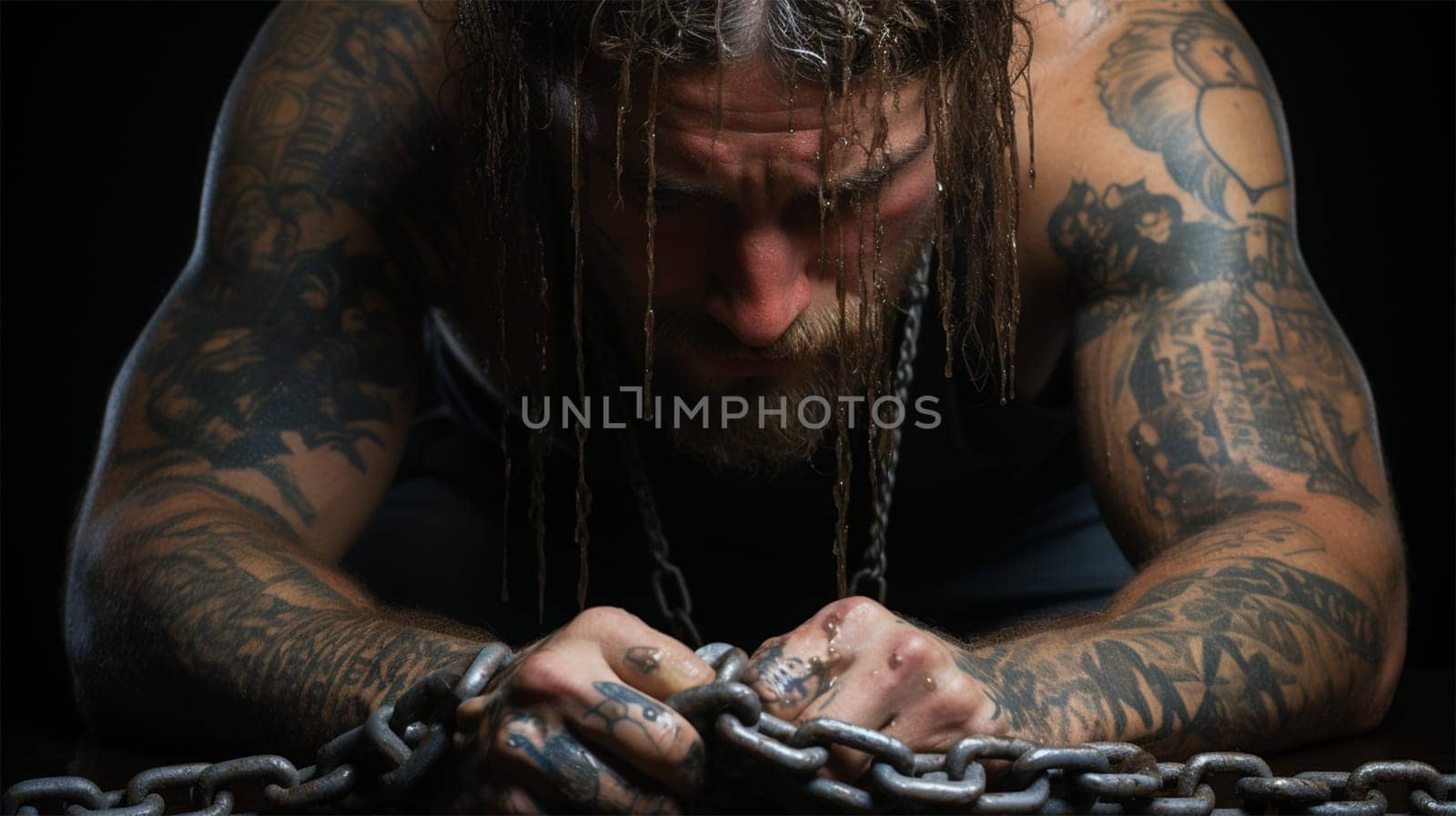 the man desperately tries to remove the chains from his hands. the concept of man in captivity, deprivation of rights and freedom,Generative AI
