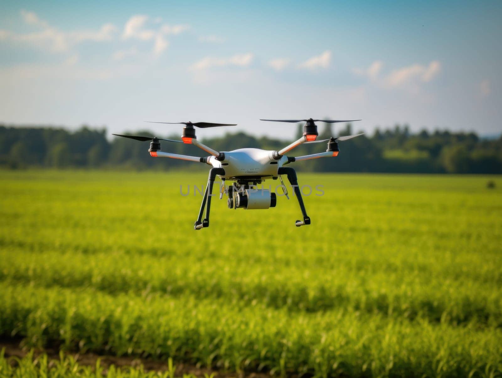 A drone over a farmer's field pollinates plants .technology in the service of agriculture. Generative AI