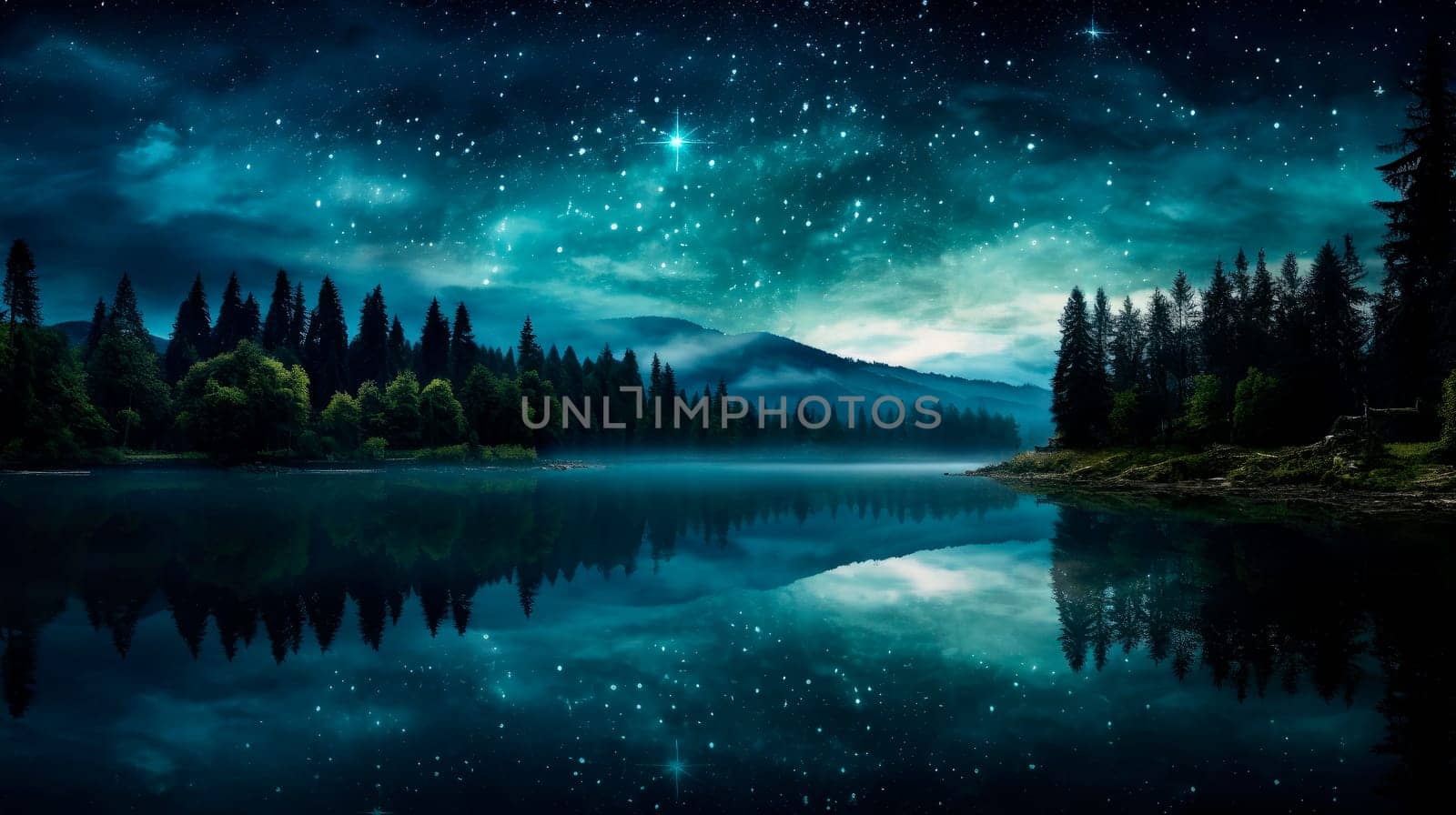 Beautiful night sky with many stars on a lake with  forest and mountains on the other coast. AI generated