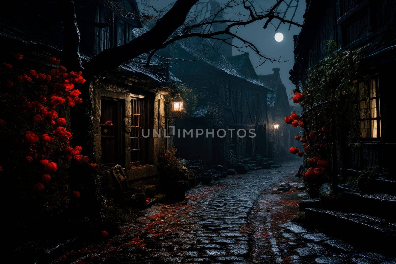 Dark street in a haunted village at night. A narrow cobblestone street at medieval style village. AI generated