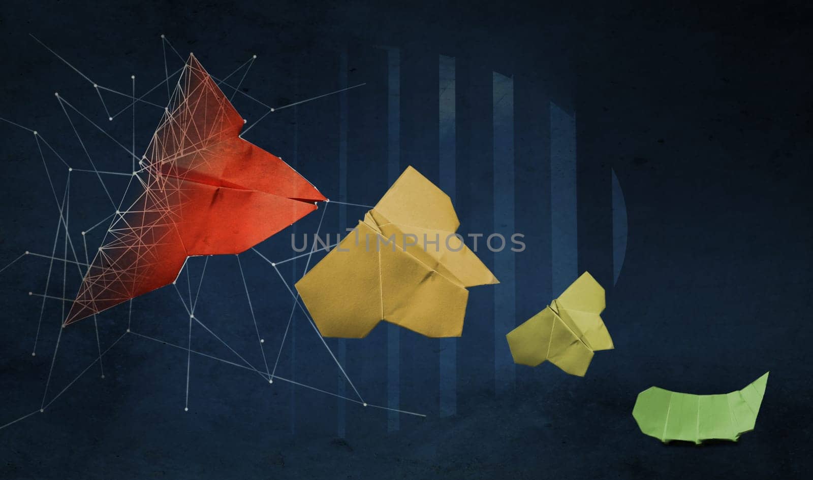 Transformation from caterpillar to butterfly, analog to digitalization, business concept in paper folding