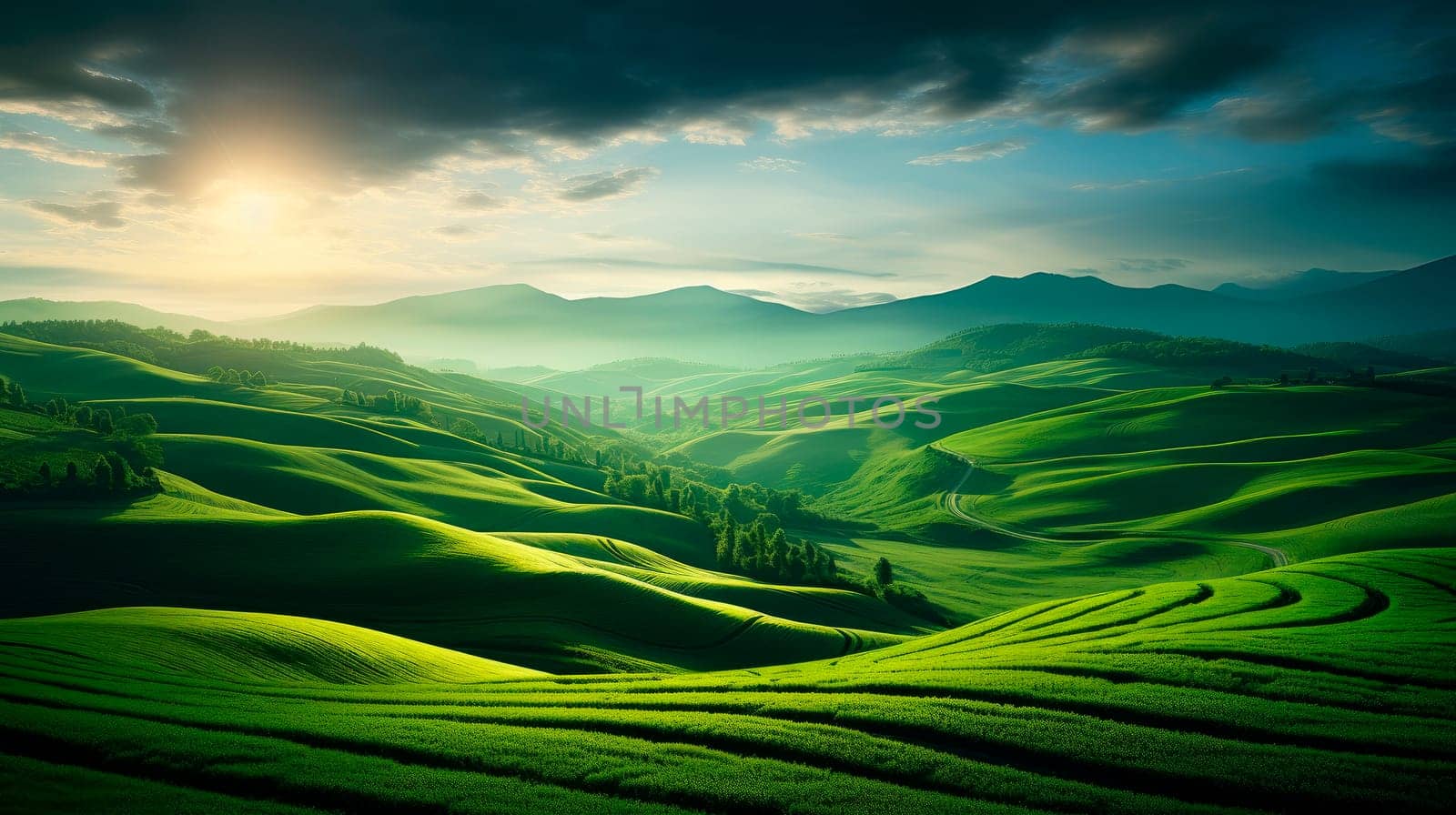 Green valley with tea plantations. Beautiful landscape view of tea plantation on a sunset. AI generated