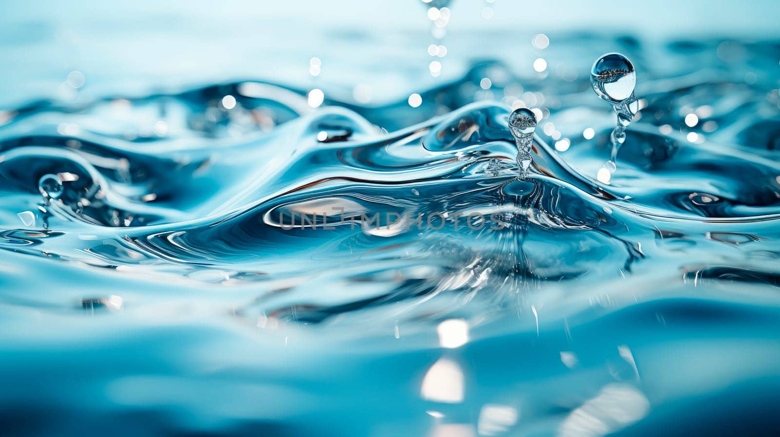 Blue background of waves with ripples on the water. Close-up, selective focus. AI generated