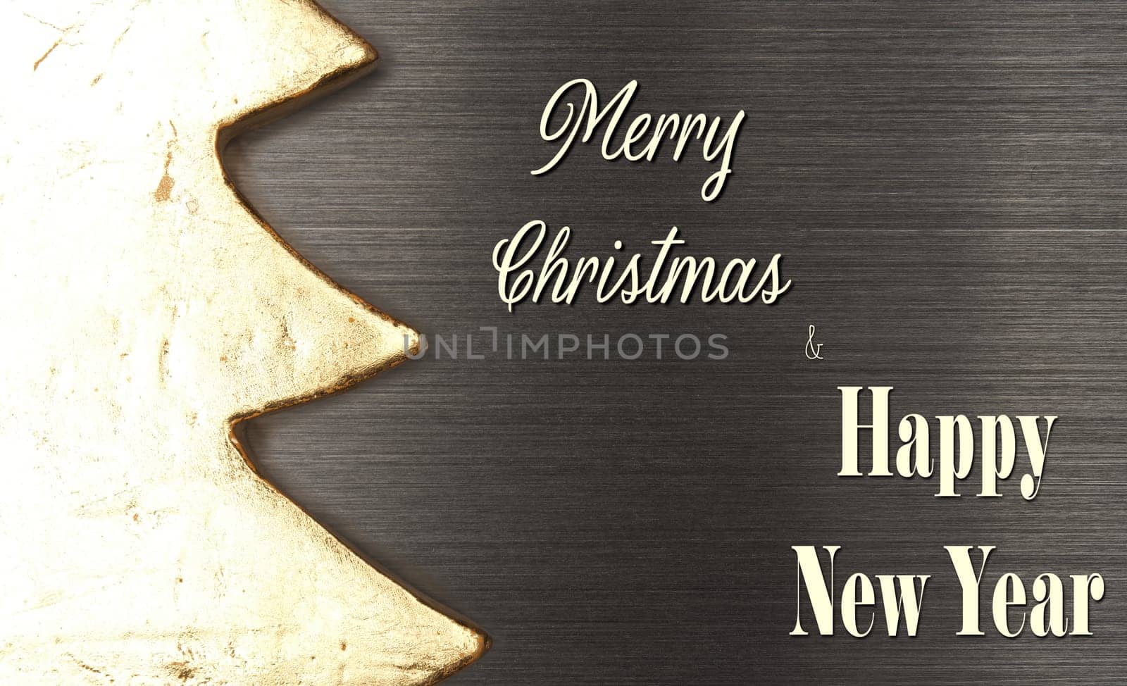 Close up of a golden tree shape on a dark brushed metal background with text Merry Christmas and a Happy New Year